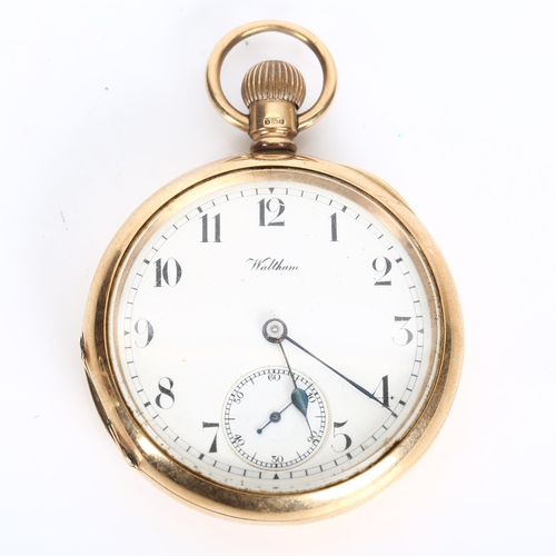 73 - WALTHAM - an early 20th century 9ct rose gold open-face keyless pocket watch, white enamel dial with... 