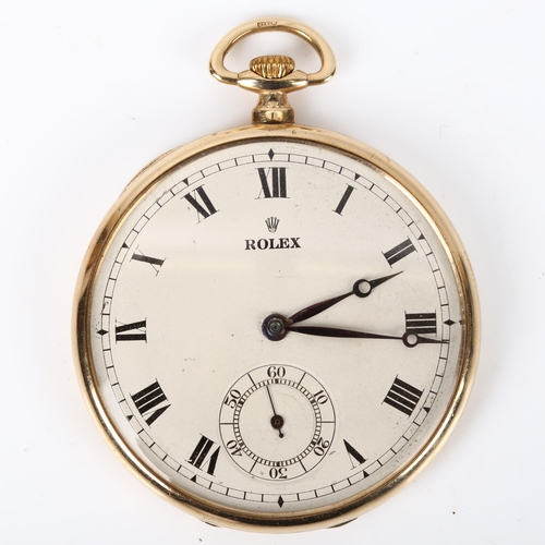 74 - ROLEX - an Art Deco 9ct gold open-face keyless-wind slimline pocket watch, silvered dial with Roman ... 