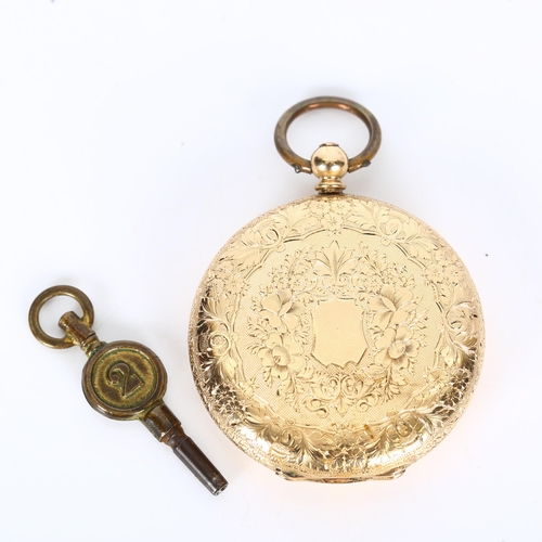 75 - A Swiss 14ct gold open-face keywind fob watch, by J Rossiter, floral engraved dial with Roman numera... 