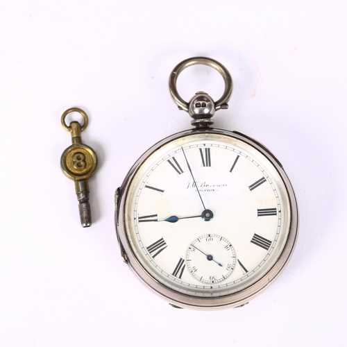 79A - A 19th century silver cased open-face key-wind pocket watch, by J W Benson, white enamel dial with R... 