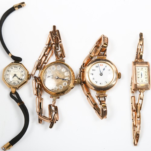 79G - 4 x lady's gold wristwatches, including 18ct example with unmarked strap, 27.7g gross, 9ct example w... 