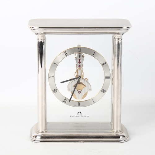 79J - MATTHEW NORMAN - a rhodium plated Helios Skeleton 8-day mantel clock, silvered chapter ring with Rom... 