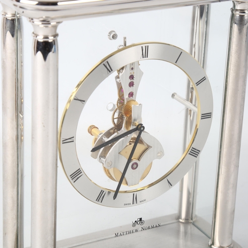 79J - MATTHEW NORMAN - a rhodium plated Helios Skeleton 8-day mantel clock, silvered chapter ring with Rom... 