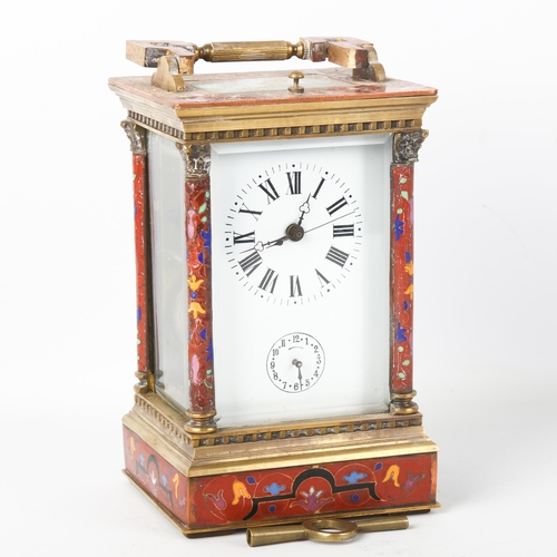 79L - A large Chinoiserie cloisonne enamel brass repeater carriage clock, white enamel dial with Roman num... 