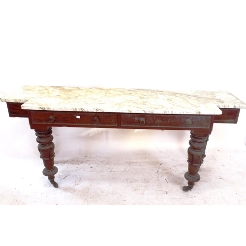 2098 - An Antique mahogany-framed marble-top break-front hall table, with 2 frieze drawers, L168cm, H71cm, ... 