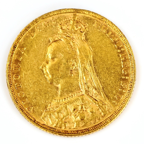 100 - A Victoria 1888 gold full sovereign coin, Jubilee Head, Melbourne Mint, 7.9g