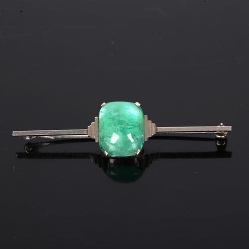 140 - An Art Deco 9ct white gold cabochon emerald bar brooch, emerald measures approx 13.78mm x 11.08mm x ... 