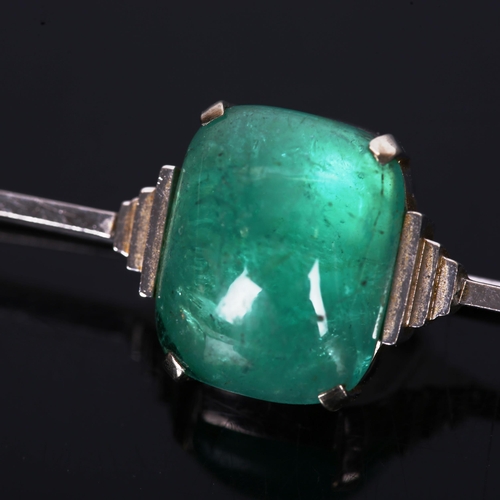 140 - An Art Deco 9ct white gold cabochon emerald bar brooch, emerald measures approx 13.78mm x 11.08mm x ... 