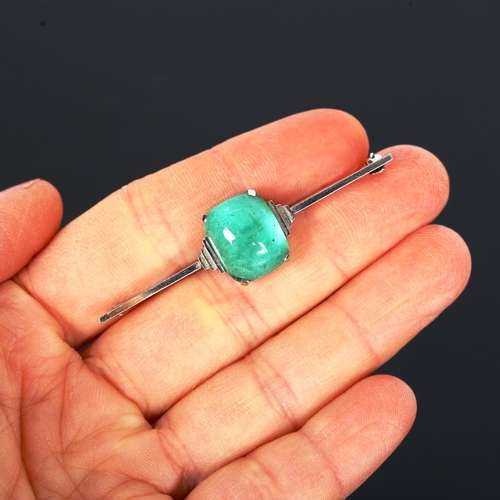 140 - An Art Deco 9ct white gold cabochon emerald bar brooch, emerald measures approx 13.78mm x 11.08mm x ... 