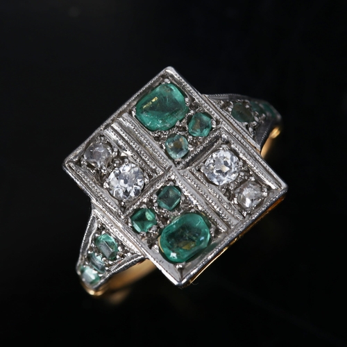 141 - An Art Deco emerald and diamond panel ring, unmarked yellow metal settings with pave set old-cut sto... 