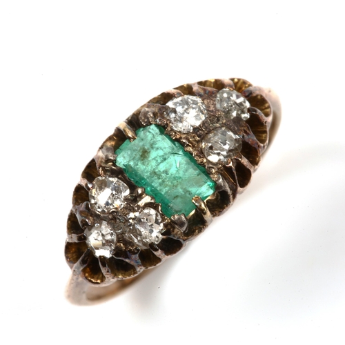 143 - An Antique style emerald and diamond half hoop ring, unmarked yellow metal settings with rectangular... 