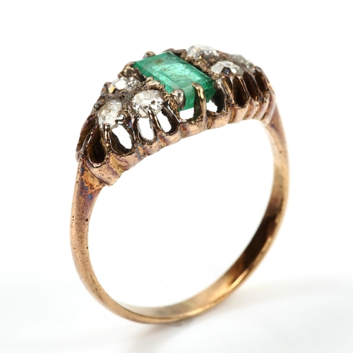 143 - An Antique style emerald and diamond half hoop ring, unmarked yellow metal settings with rectangular... 