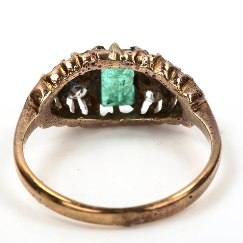 143 - An Antique style emerald and diamond half hoop ring, unmarked yellow metal settings with rectangular... 