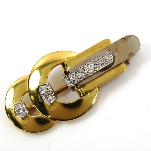 150 - An Art Deco style 18ct yellow and white gold diamond brooch, geometric stepped design set with singl... 