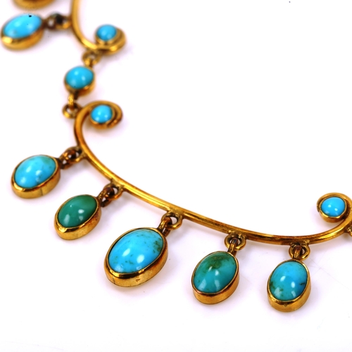 153 - A Continental 9ct gold turquoise fringe necklace, set with cabochon turquoise on 9ct fine cable link... 