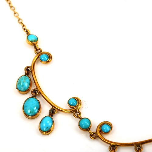 153 - A Continental 9ct gold turquoise fringe necklace, set with cabochon turquoise on 9ct fine cable link... 