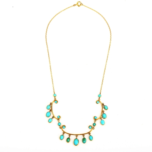 153 - A Continental 9ct gold turquoise fringe necklace, set with cabochon turquoise on 9ct fine cable link... 