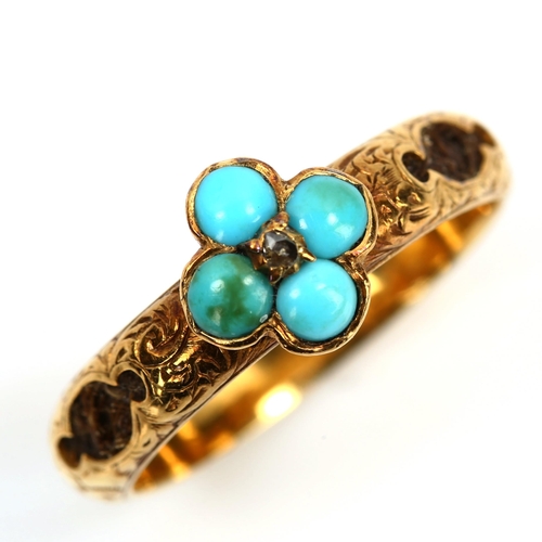 155 - A Georgian turquoise and diamond mourning band ring, unmarked gold settings with central cabochon tu... 