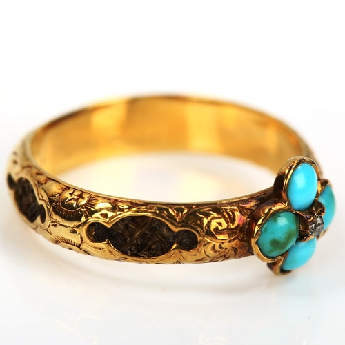 155 - A Georgian turquoise and diamond mourning band ring, unmarked gold settings with central cabochon tu... 