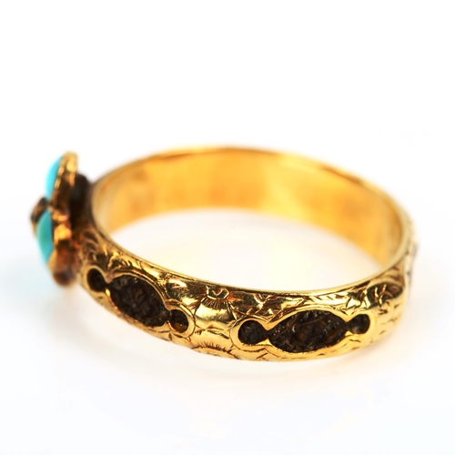 155 - A Georgian turquoise and diamond mourning band ring, unmarked gold settings with central cabochon tu... 