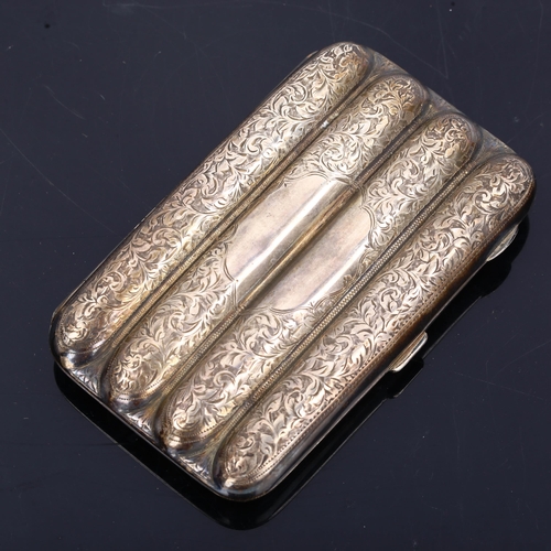 157 - An Edwardian silver 4-section torpedo cigar case, allover engraved foliate decoration with gilt inte... 