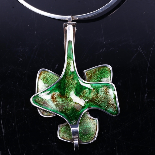 164 - DAVID ANDERSEN - a large Norwegian stylised sterling silver and green enamel leaf pendant necklace, ... 