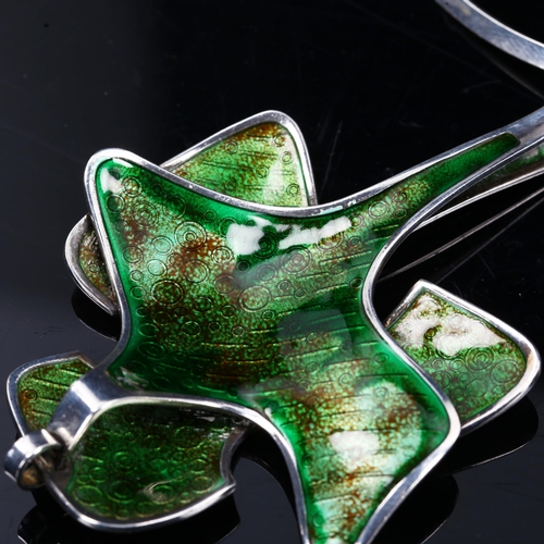 164 - DAVID ANDERSEN - a large Norwegian stylised sterling silver and green enamel leaf pendant necklace, ... 