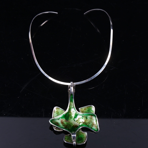 164 - DAVID ANDERSEN - a large Norwegian stylised sterling silver and green enamel leaf pendant necklace, ... 