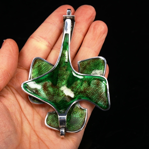 164 - DAVID ANDERSEN - a large Norwegian stylised sterling silver and green enamel leaf pendant necklace, ... 