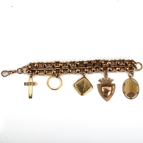 166 - An unmarked gold double fancy link chain charm bracelet, tests as 9ct, with various charms, includin... 