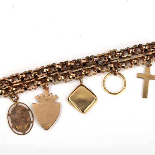 166 - An unmarked gold double fancy link chain charm bracelet, tests as 9ct, with various charms, includin... 