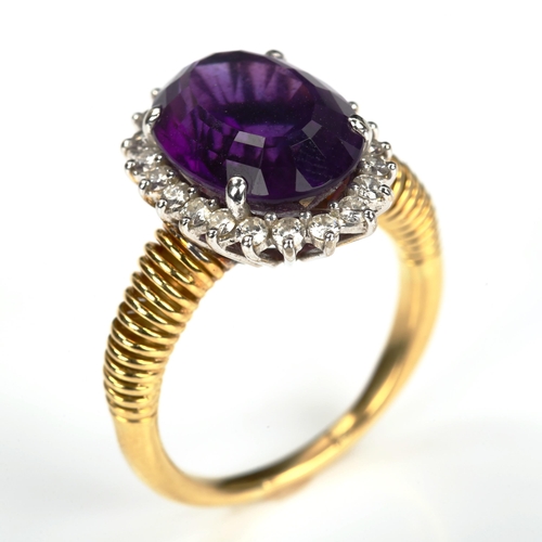 167 - A late 20th century amethyst and diamond cluster dress ring, unmarked gold settings with oval mixed-... 