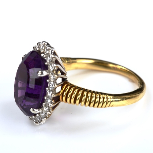 167 - A late 20th century amethyst and diamond cluster dress ring, unmarked gold settings with oval mixed-... 