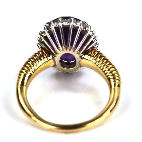 167 - A late 20th century amethyst and diamond cluster dress ring, unmarked gold settings with oval mixed-... 