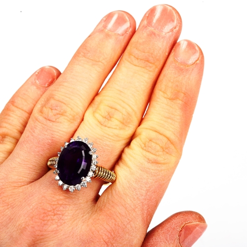 167 - A late 20th century amethyst and diamond cluster dress ring, unmarked gold settings with oval mixed-... 