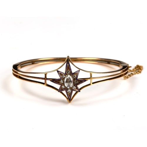 170 - A Victorian rose-cut diamond and blue enamel star hinged bracelet/bangle, unmarked gold settings wit... 