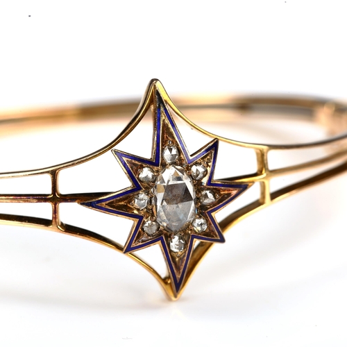 170 - A Victorian rose-cut diamond and blue enamel star hinged bracelet/bangle, unmarked gold settings wit... 