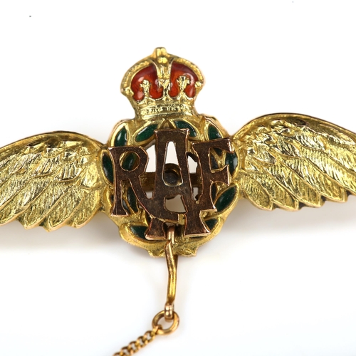 171 - A 9ct gold enamel RAF Wings sweetheart brooch, length 44.3mm, 4.4g