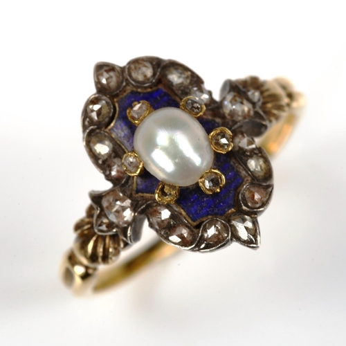 173 - A 19th century pearl diamond and blue enamel dress ring, unmarked gold settings with rose-cut diamon... 