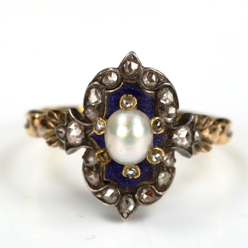 173 - A 19th century pearl diamond and blue enamel dress ring, unmarked gold settings with rose-cut diamon... 