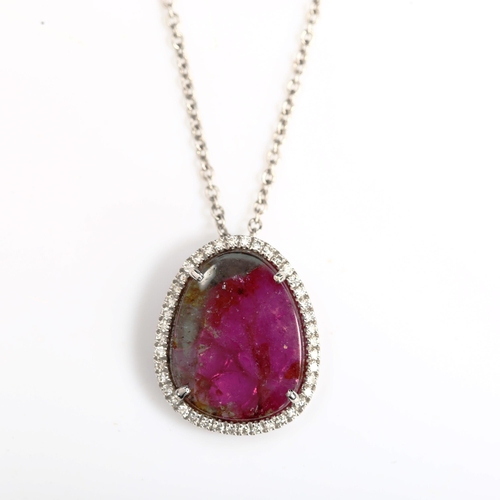 174 - A modern 18ct white gold watermelon tourmaline and diamond cluster pendant necklace, by AVS Designs,... 