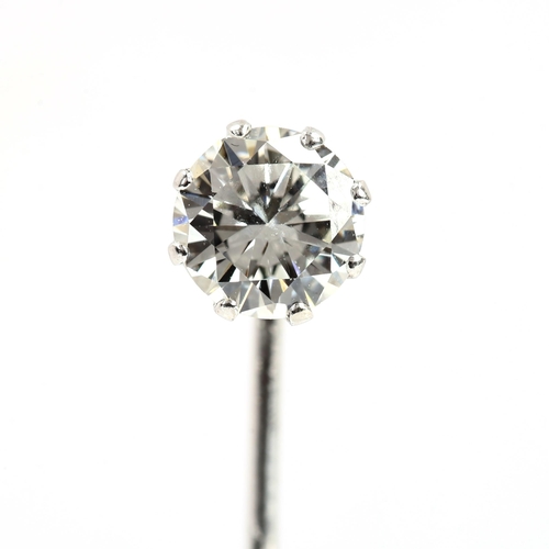 175 - A 1ct solitaire diamond stickpin, unmarked white metal settings with modern round brilliant cut diam... 