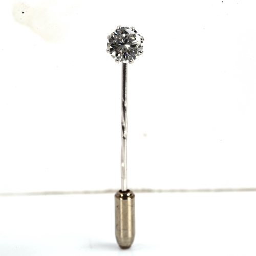 175 - A 1ct solitaire diamond stickpin, unmarked white metal settings with modern round brilliant cut diam... 