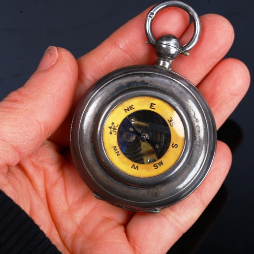 181 - A rare late Victorian novelty silver combination pocket barometer and compass, the lid with inset co... 