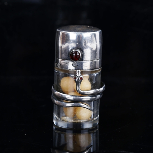 182 - A late Victorian novelty silver snake scent bottle, cylindrical form with cabochon garnet thumbpiece... 