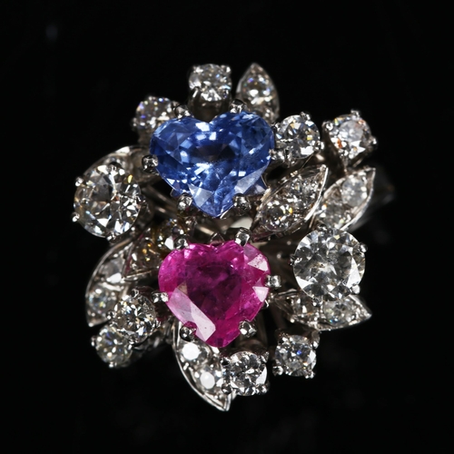 203 - A fancy modern 18ct white gold sapphire and diamond abstract floral spray cluster ring, set with 2ct... 