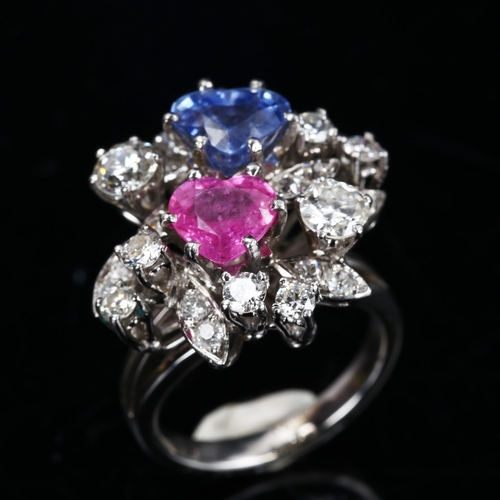 203 - A fancy modern 18ct white gold sapphire and diamond abstract floral spray cluster ring, set with 2ct... 