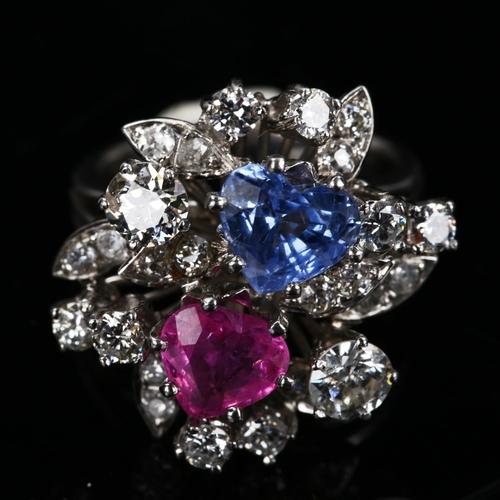 203 - A fancy modern 18ct white gold sapphire and diamond abstract floral spray cluster ring, set with 2ct... 