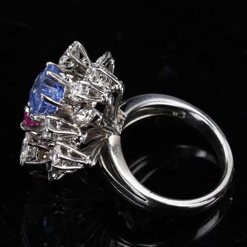 203 - A fancy modern 18ct white gold sapphire and diamond abstract floral spray cluster ring, set with 2ct... 