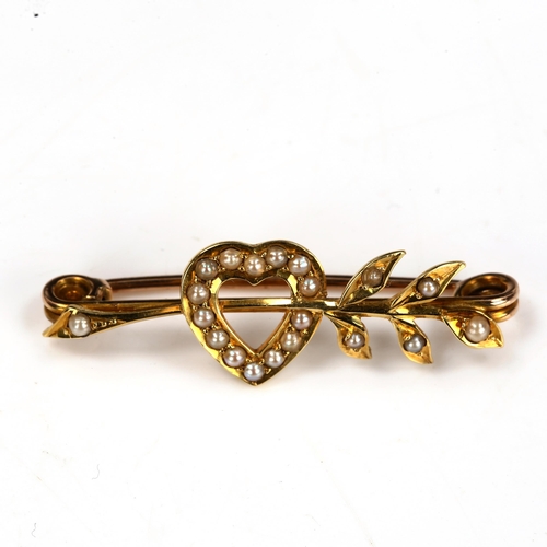 204 - A Victorian unmarked gold and split-pearl heart and arrow brooch, brooch length 35.7mm, 2.7g